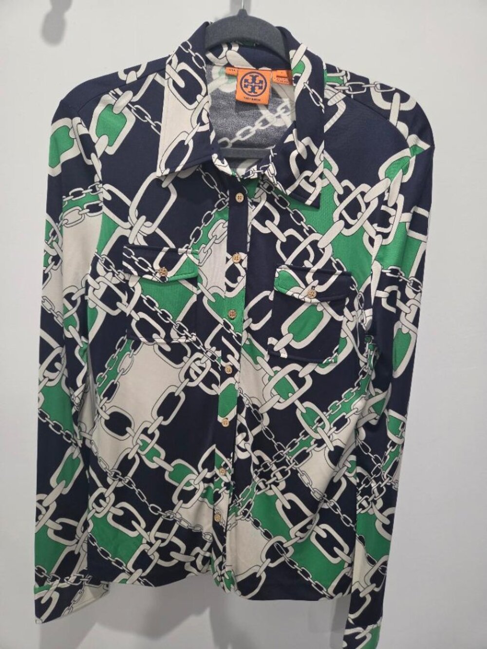 Tory Burch Green/Navy & White Chain Pattern Button Down Stretch Silk Blouse L